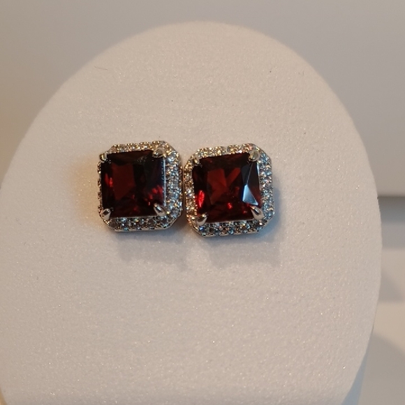 Cubic Zirconia Jewelry - Glamorous Garnet Square Stud Earrings
